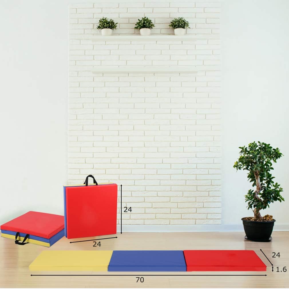Exercise Mat 2'x6'/4'x8'/4'x10' Gymnastics Mat Folding Gymnastics Tumbling Mats 1.6"-2" Thick PU Leather Yoga Mat Portable With Carrying Handles for home Workout outdoor Yoga Pilates
