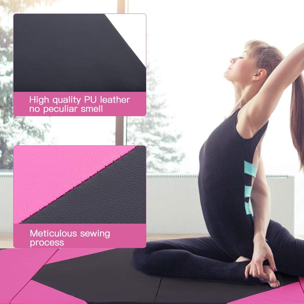 Exercise Mat 2'x6'/4'x8'/4'x10' Gymnastics Mat Folding Gymnastics Tumbling Mats 1.6"-2" Thick PU Leather Yoga Mat Portable With Carrying Handles for home Workout outdoor Yoga Pilates