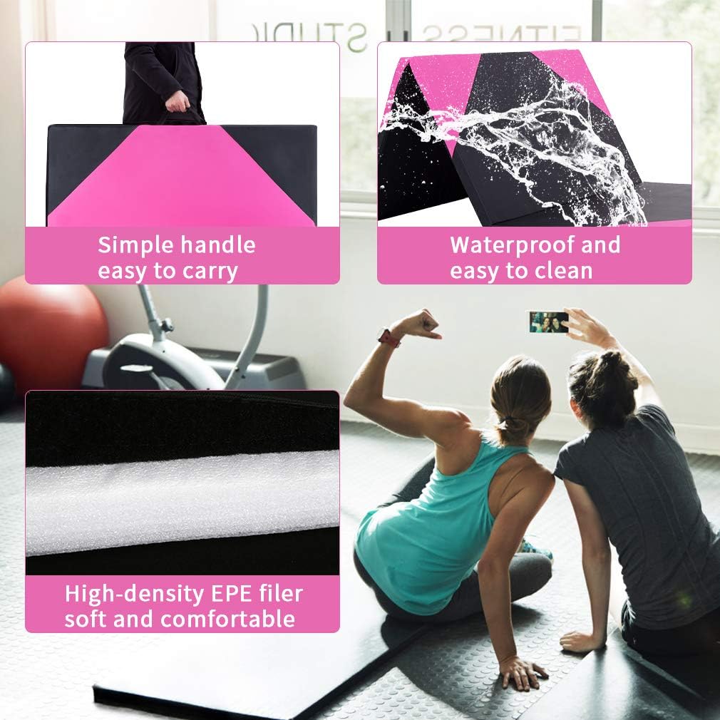 Exercise Mat 2'x6'/4'x8'/4'x10' Gymnastics Mat Folding Gymnastics Tumbling Mats 1.6"-2" Thick PU Leather Yoga Mat Portable With Carrying Handles for home Workout outdoor Yoga Pilates