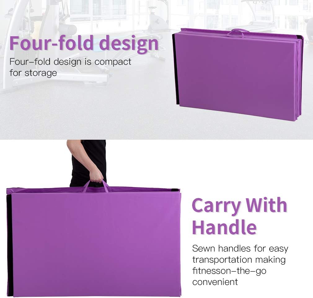 Exercise Mat 2'x6'/4'x8'/4'x10' Gymnastics Mat Folding Gymnastics Tumbling Mats 1.6"-2" Thick PU Leather Yoga Mat Portable With Carrying Handles for home Workout outdoor Yoga Pilates