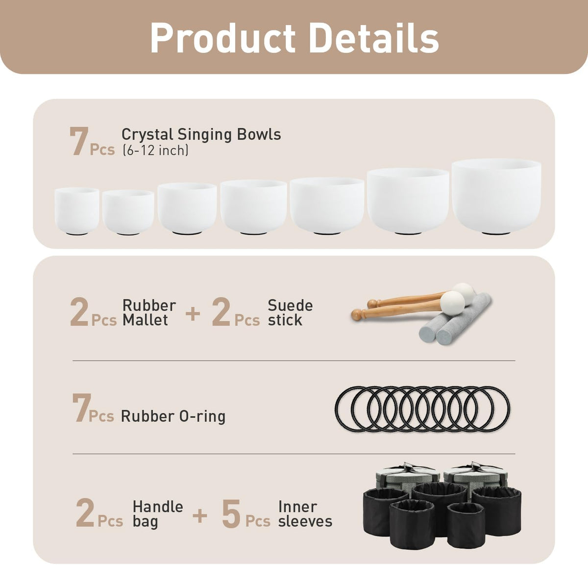 Crystal Singing Bowl Frosted 432HZ Set Of 7 PCS 6-12 Inch White