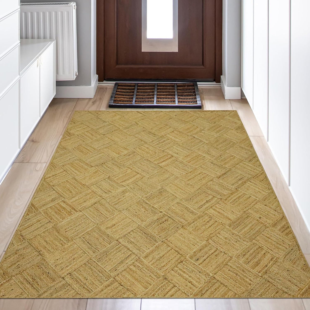 Hand Braided Jute 4 Ft Square Kilim Rug Flatweave Pink Geometric Pattern Jute Sisal Rug, Thick 0.27 Inch Indoor Outdoor Carpet for Kitchen, Bedside, Yoga Mat - Colors A