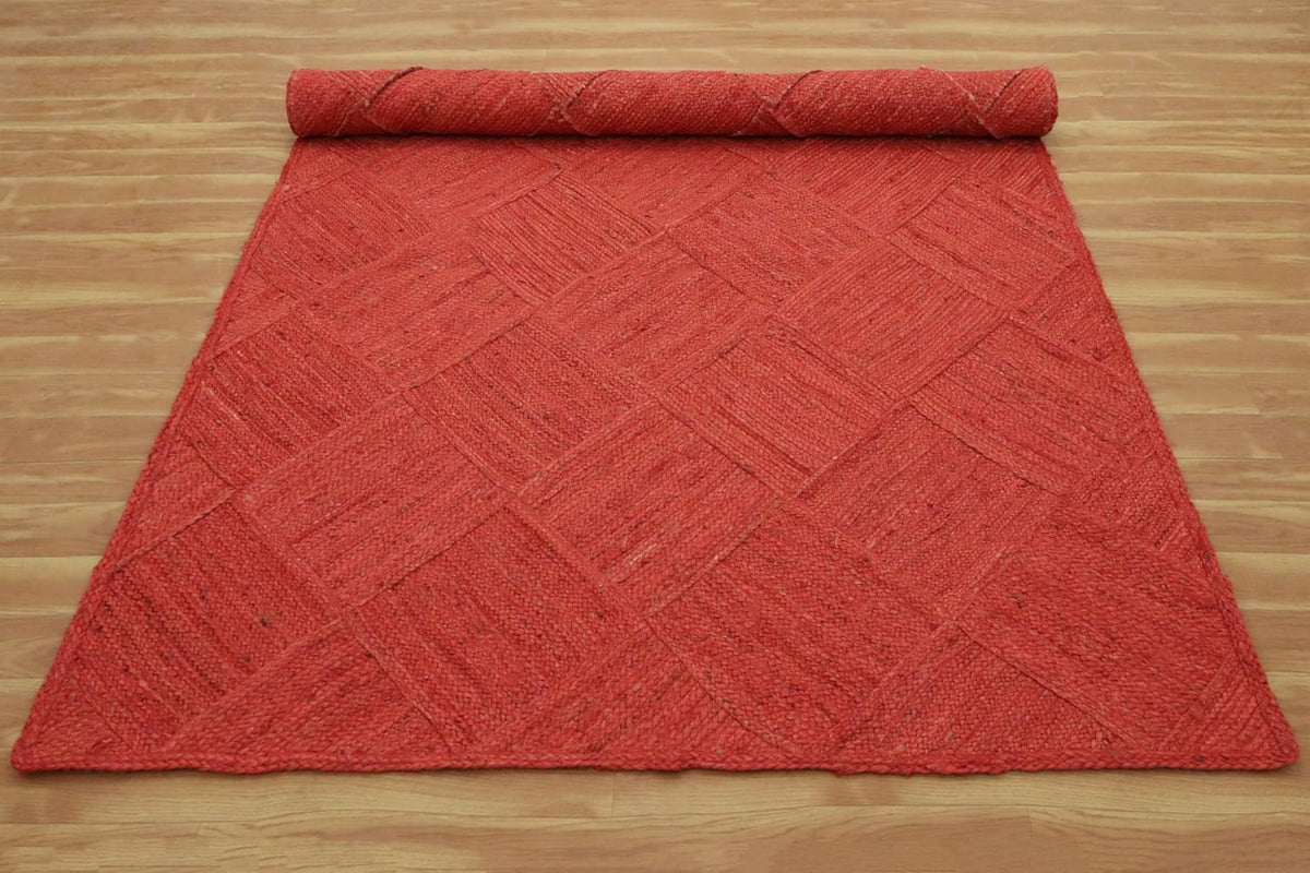Hand Braided Jute 4 Ft Square Kilim Rug Flatweave Pink Geometric Pattern Jute Sisal Rug, Thick 0.27 Inch Indoor Outdoor Carpet for Kitchen, Bedside, Yoga Mat - Colors A