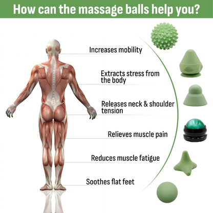 Physical Therapy Pain Relief Massage Ball Set for Trigger Point Release - Myofascial Release Tool & Deep Tissue Massage Set of 6 Pieces - Lacrosse, Spiky, Hand Roller & Mountable Self Massage Ball