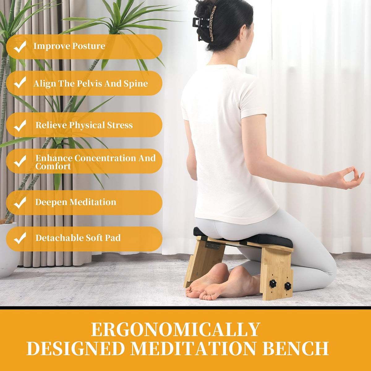 Adjustable Height Meditation Bench, Portable Folding Meditation Chair with Velvet Cushion, Ergonomic Meditation Kneeling Stool for Yoga, Mindfulness&Zen Practice(Black)