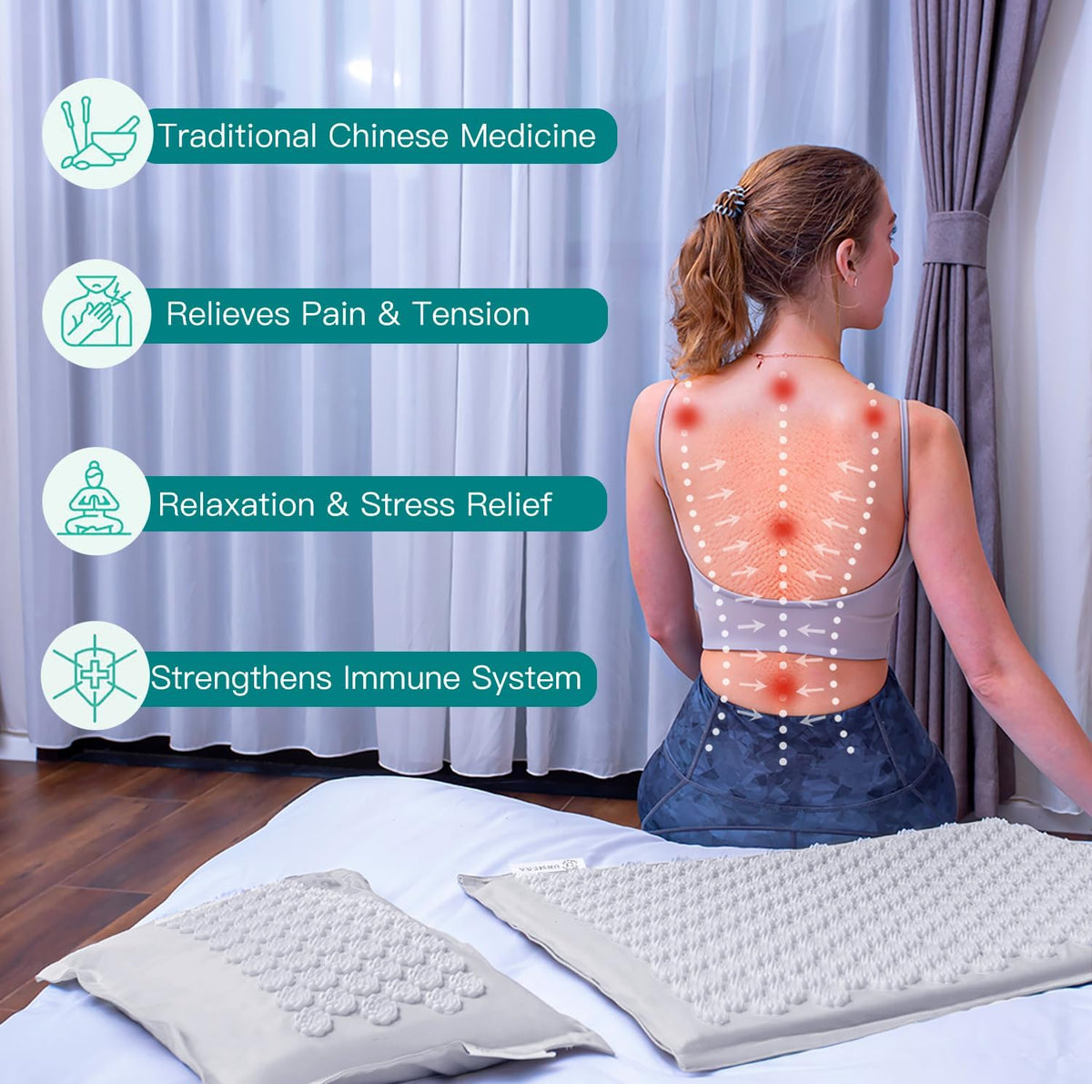 Acupressure Mat and Pillow Set,Natural Linen & Coconut Fiber Filling