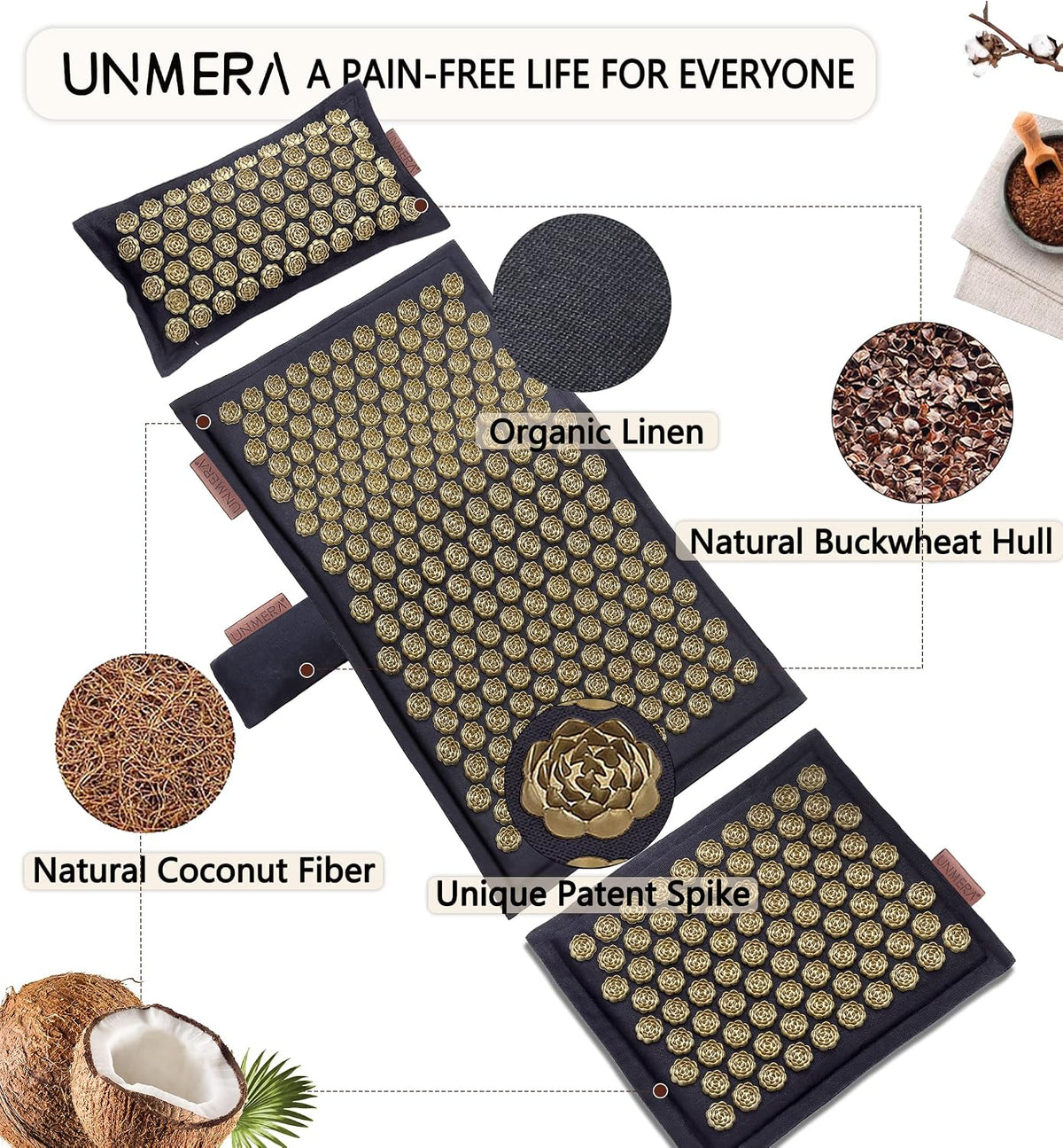 Acupressure Mat and Pillow Set,Natural Linen & Coconut Fiber Filling