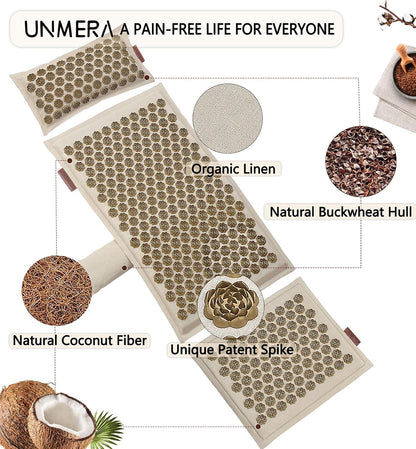 Acupressure Mat and Pillow Set,Natural Linen & Coconut Fiber Filling