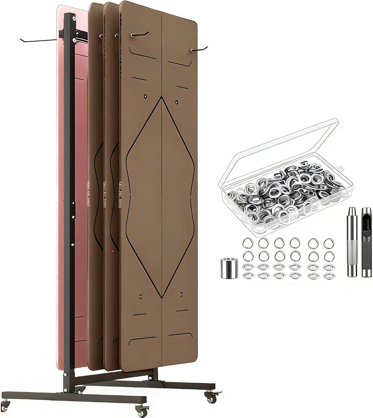 Yoga Mat Storage Rack on Wheels, Metal Yoga Mat Holder with Double Sided Hooks & Punching Tool, Rolling Organizer Cart for Home Gym, Exercise & Fitness Club