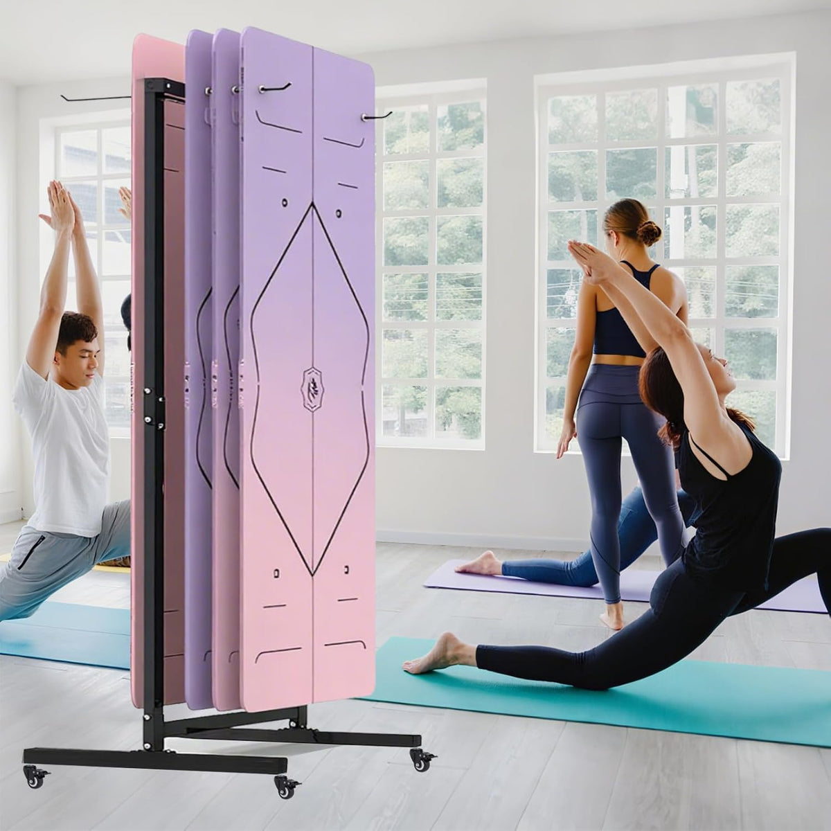 Yoga Mat Storage Rack on Wheels, Metal Yoga Mat Holder with Double Sided Hooks & Punching Tool, Rolling Organizer Cart for Home Gym, Exercise & Fitness Club