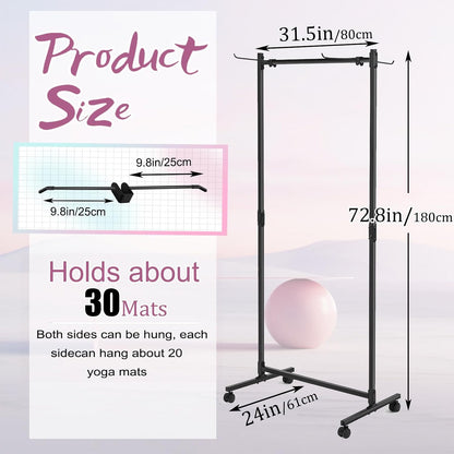 Yoga Mat Storage Rack on Wheels, Metal Yoga Mat Holder with Double Sided Hooks & Punching Tool, Rolling Organizer Cart for Home Gym, Exercise & Fitness Club