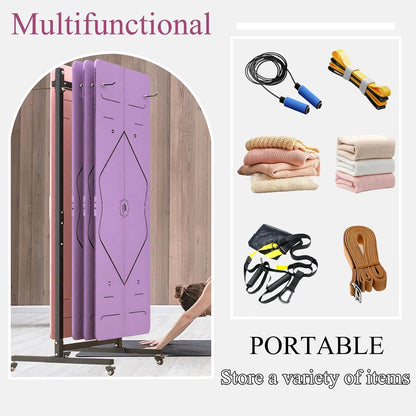 Yoga Mat Storage Rack on Wheels, Metal Yoga Mat Holder with Double Sided Hooks & Punching Tool, Rolling Organizer Cart for Home Gym, Exercise & Fitness Club
