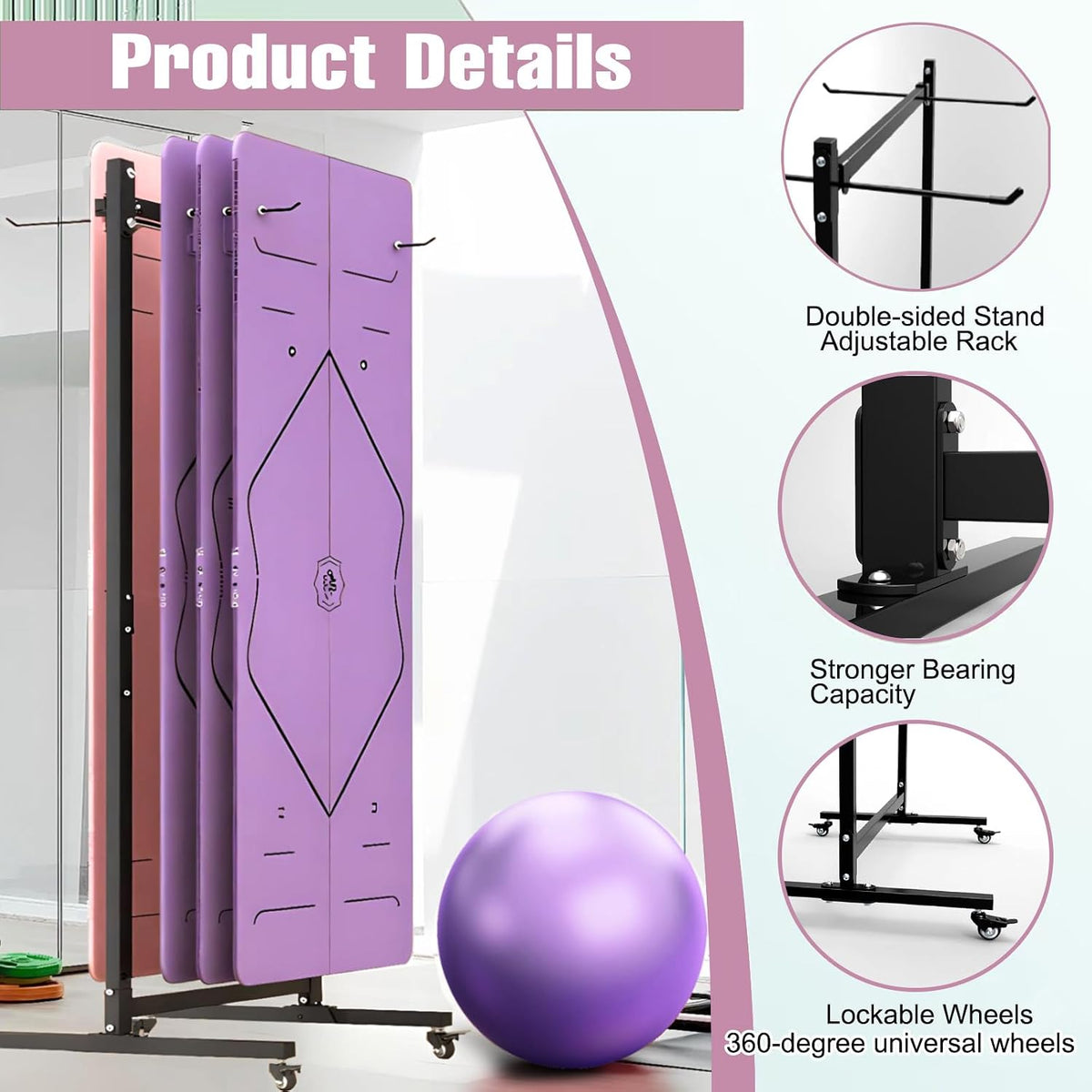 Yoga Mat Storage Rack on Wheels, Metal Yoga Mat Holder with Double Sided Hooks & Punching Tool, Rolling Organizer Cart for Home Gym, Exercise & Fitness Club
