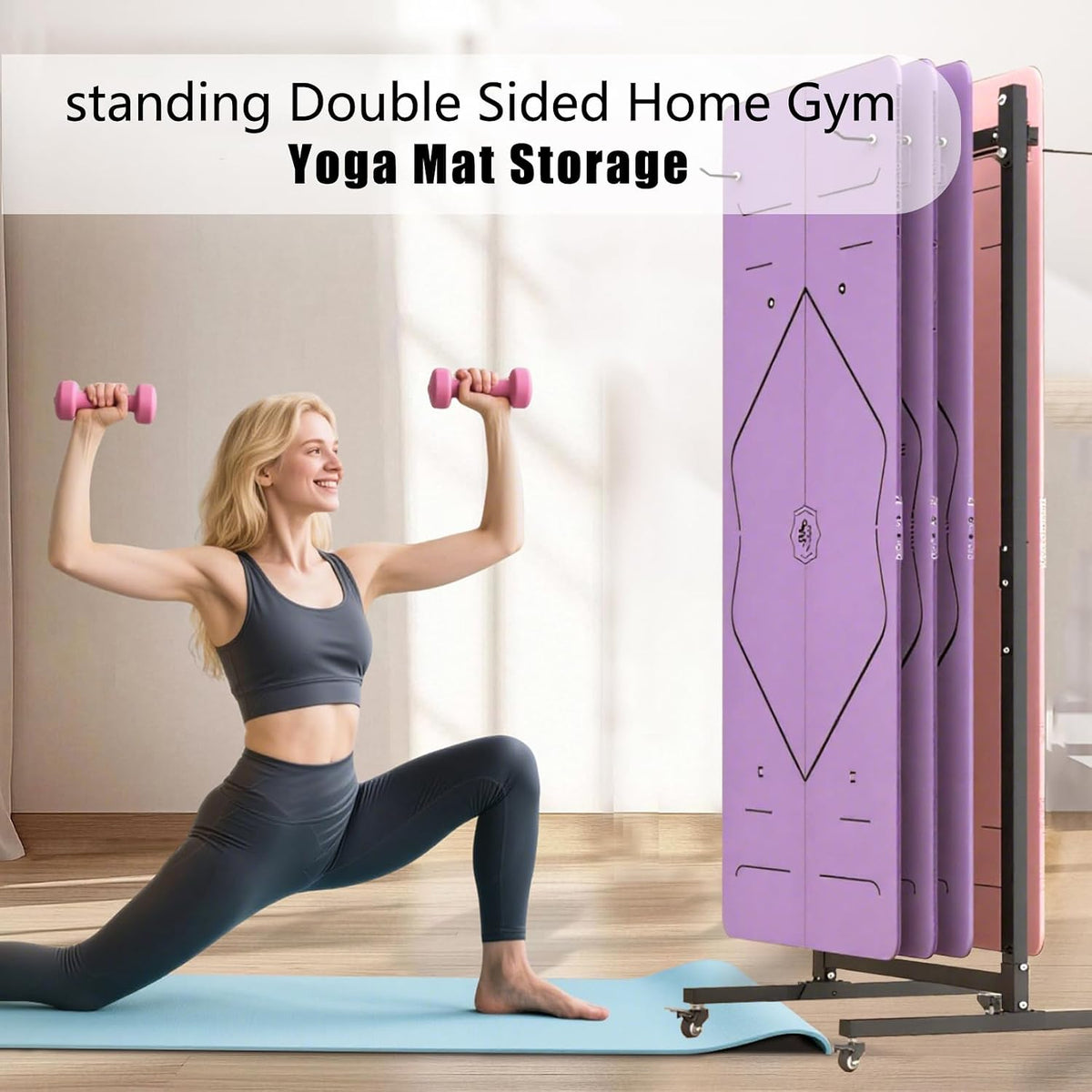 Yoga Mat Storage Rack on Wheels, Metal Yoga Mat Holder with Double Sided Hooks & Punching Tool, Rolling Organizer Cart for Home Gym, Exercise & Fitness Club