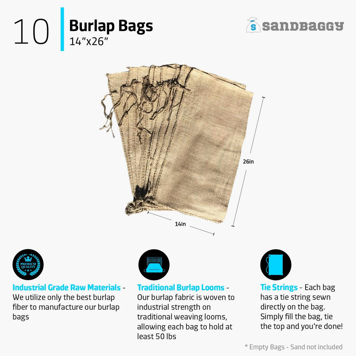Burlap Sand Bags - Size: 14" x 26" - 50 lb Weight Capacity - For Flooding, Flood Water Barrier, Tent, Empty (10 Bags)