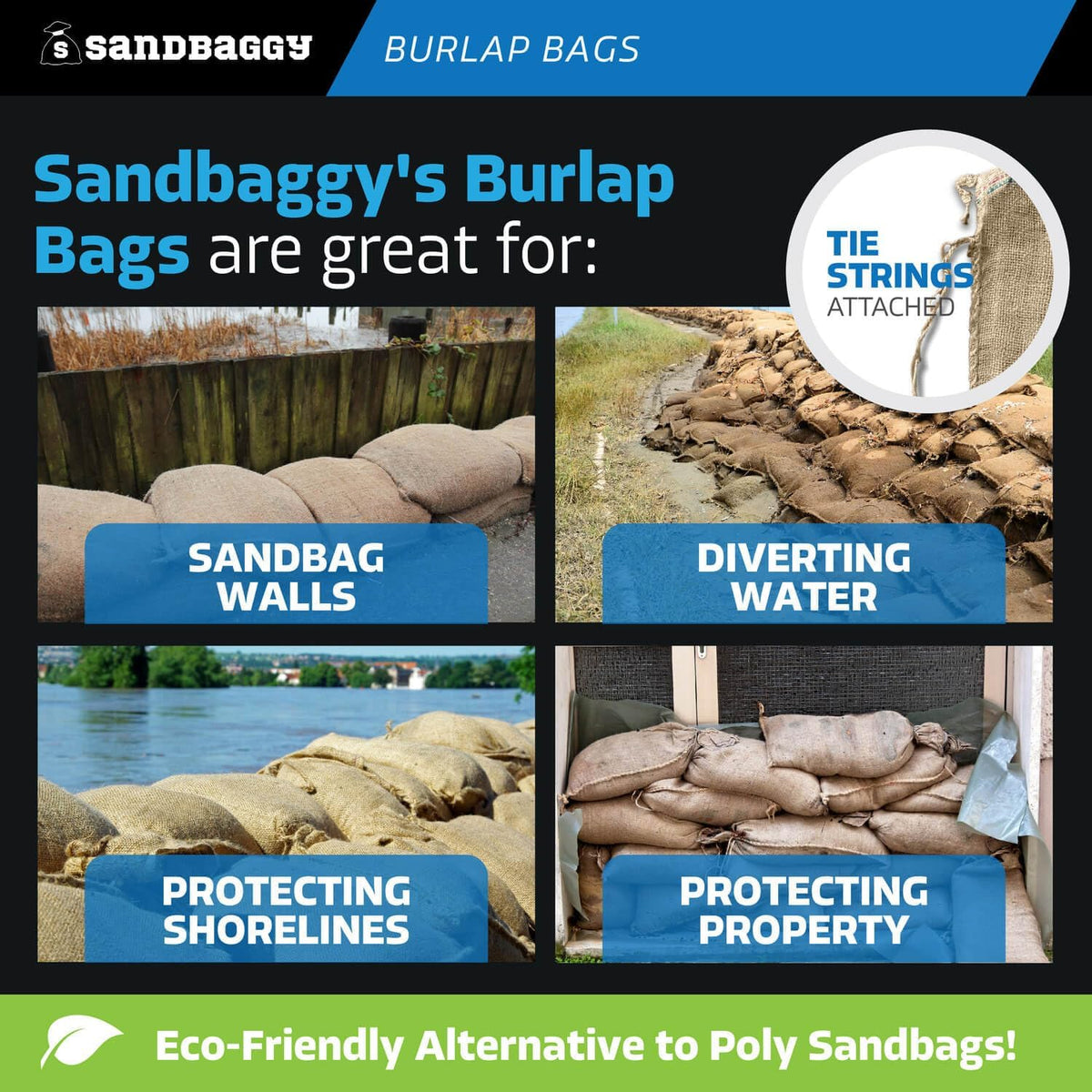Burlap Sand Bags - Size: 14" x 26" - 50 lb Weight Capacity - For Flooding, Flood Water Barrier, Tent, Empty (10 Bags)