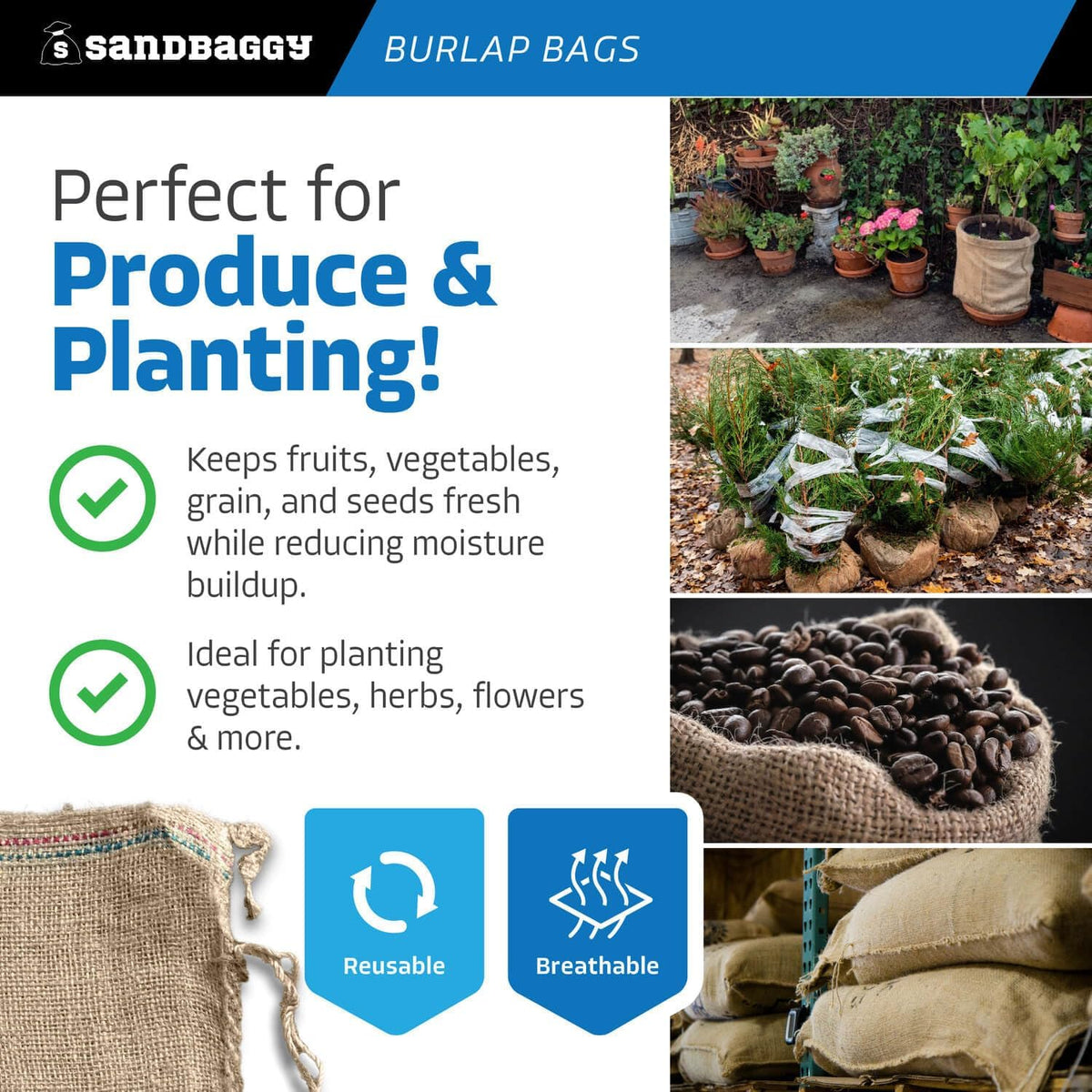 Burlap Sand Bags - Size: 14" x 26" - 50 lb Weight Capacity - For Flooding, Flood Water Barrier, Tent, Empty (10 Bags)