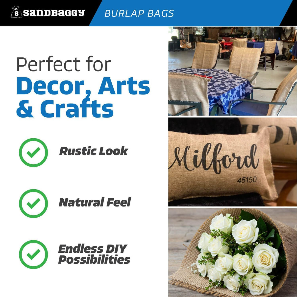 Burlap Sand Bags - Size: 14" x 26" - 50 lb Weight Capacity - For Flooding, Flood Water Barrier, Tent, Empty (10 Bags)