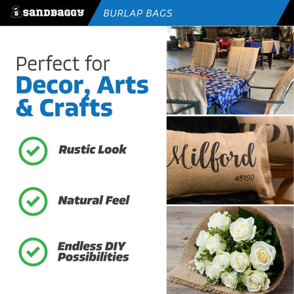 Burlap Sand Bags - Size: 14" x 26" - 50 lb Weight Capacity - For Flooding, Flood Water Barrier, Tent, Empty (10 Bags)