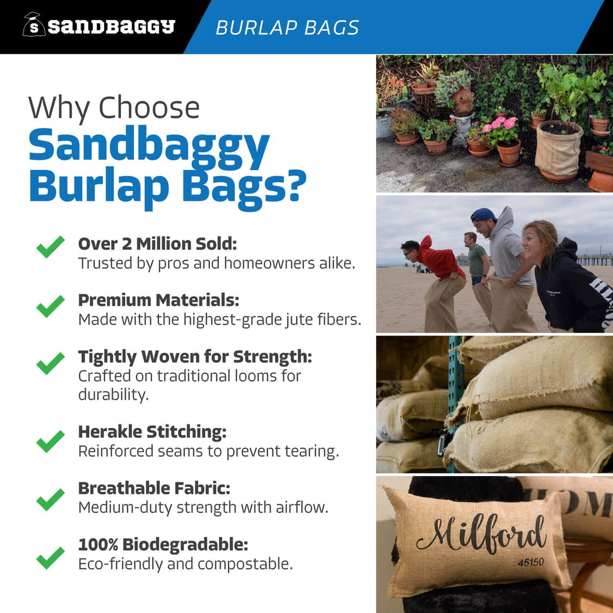 Burlap Sand Bags - Size: 14" x 26" - 50 lb Weight Capacity - For Flooding, Flood Water Barrier, Tent, Empty (10 Bags)