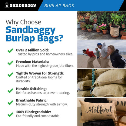 Burlap Sand Bags - Size: 14" x 26" - 50 lb Weight Capacity - For Flooding, Flood Water Barrier, Tent, Empty (10 Bags)