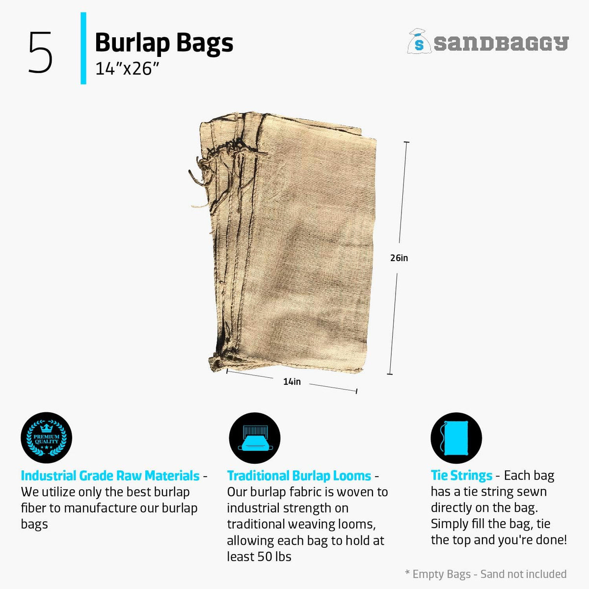 Burlap Sand Bags - Size: 14" x 26" - 50 lb Weight Capacity - For Flooding, Flood Water Barrier, Tent, Empty (10 Bags)
