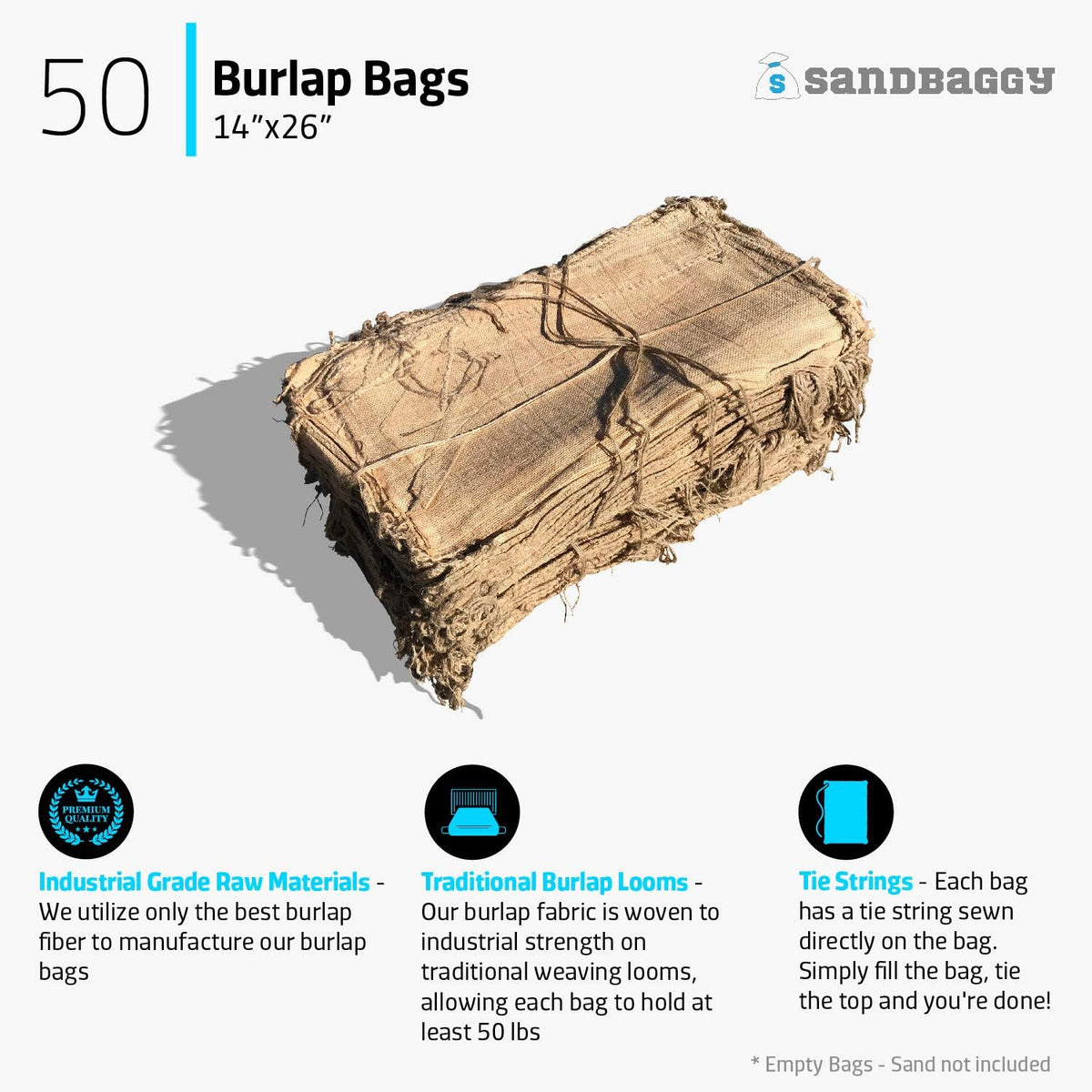 Burlap Sand Bags - Size: 14" x 26" - 50 lb Weight Capacity - For Flooding, Flood Water Barrier, Tent, Empty (10 Bags)