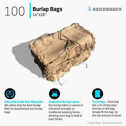 Burlap Sand Bags - Size: 14" x 26" - 50 lb Weight Capacity - For Flooding, Flood Water Barrier, Tent, Empty (10 Bags)