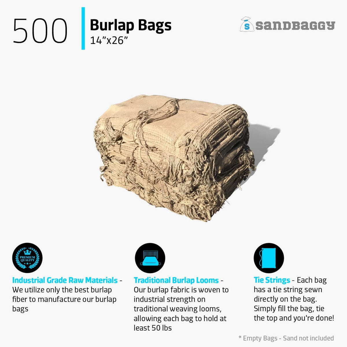 Burlap Sand Bags - Size: 14" x 26" - 50 lb Weight Capacity - For Flooding, Flood Water Barrier, Tent, Empty (10 Bags)
