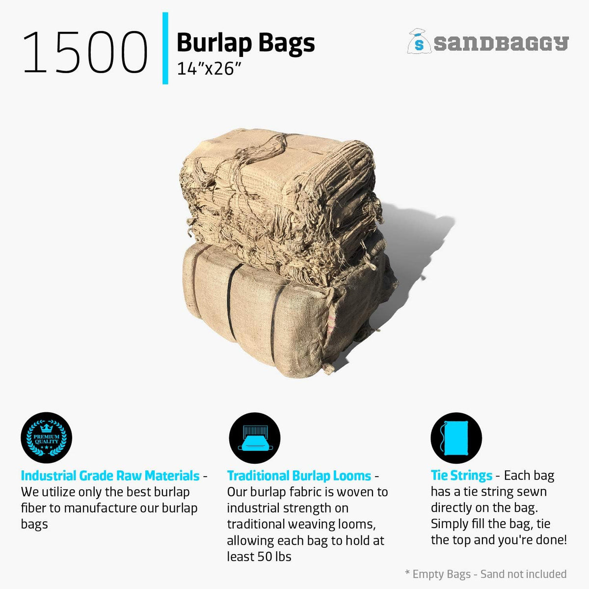 Burlap Sand Bags - Size: 14" x 26" - 50 lb Weight Capacity - For Flooding, Flood Water Barrier, Tent, Empty (10 Bags)
