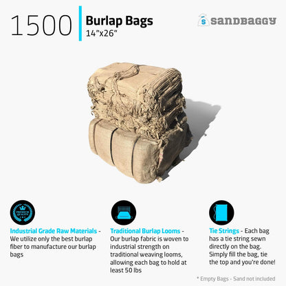 Burlap Sand Bags - Size: 14" x 26" - 50 lb Weight Capacity - For Flooding, Flood Water Barrier, Tent, Empty (10 Bags)