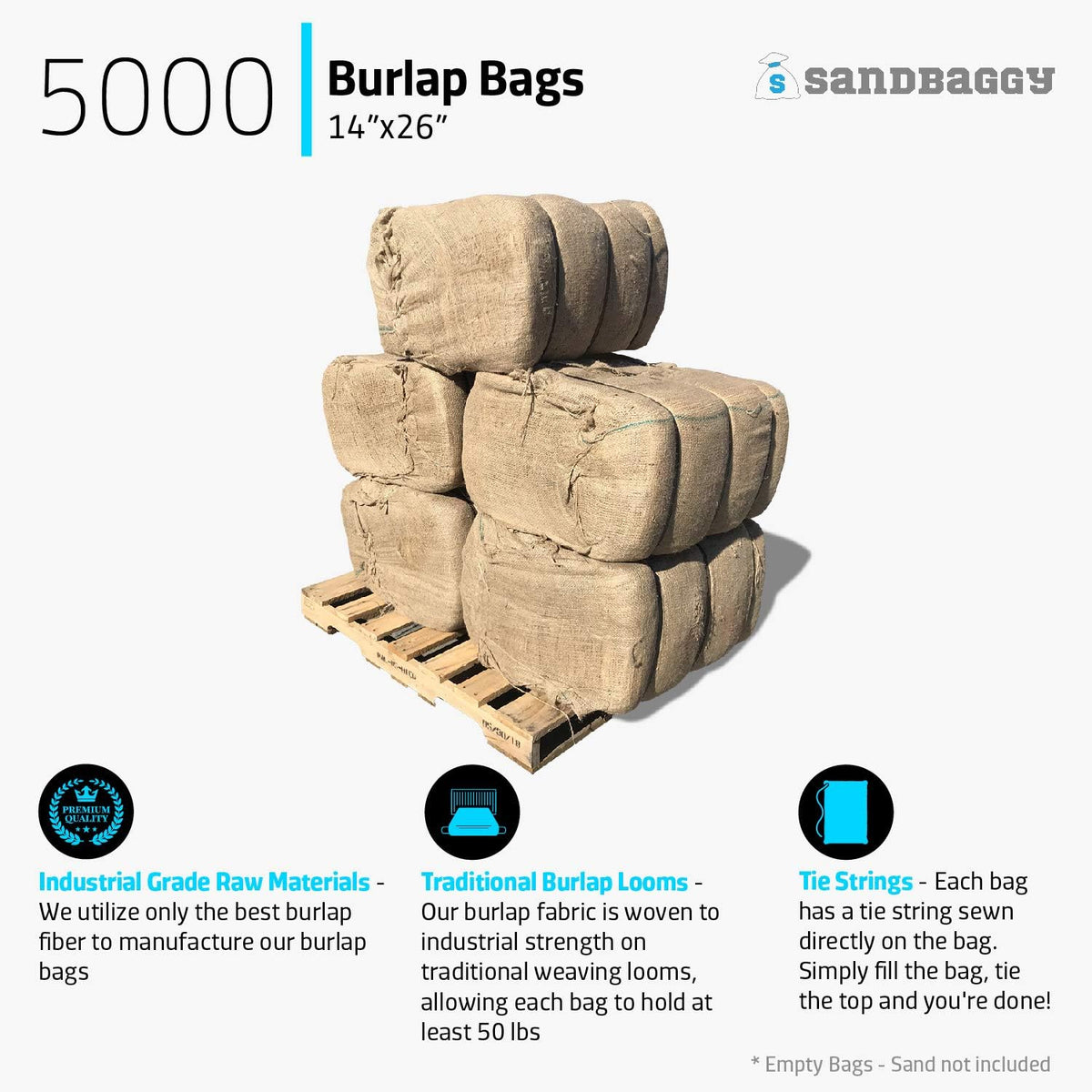 Burlap Sand Bags - Size: 14" x 26" - 50 lb Weight Capacity - For Flooding, Flood Water Barrier, Tent, Empty (10 Bags)