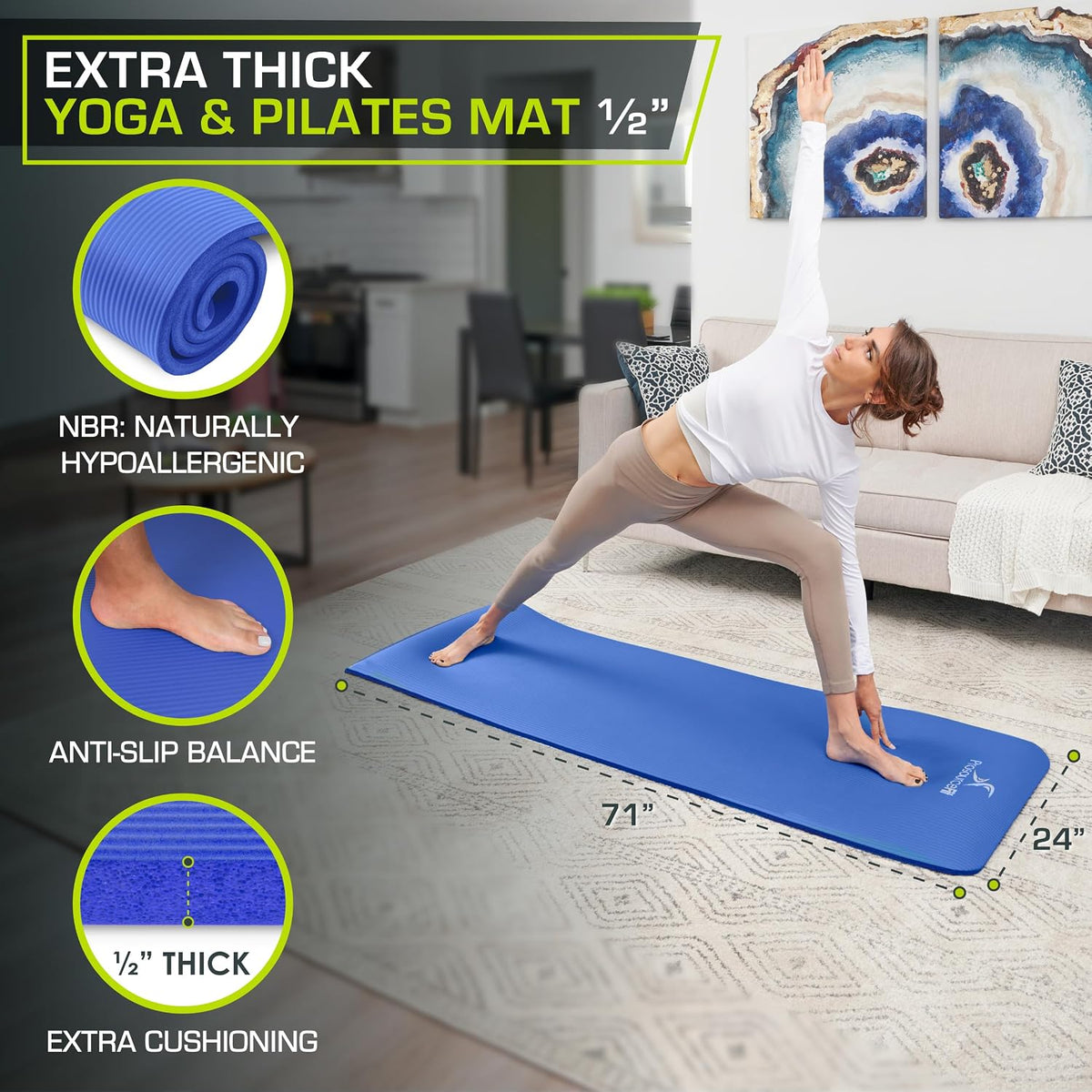 Extra Thick Yoga and Pilates Mat, 71-inch Long High Density Exercise Mat with Comfort Foam and Carrying Strap