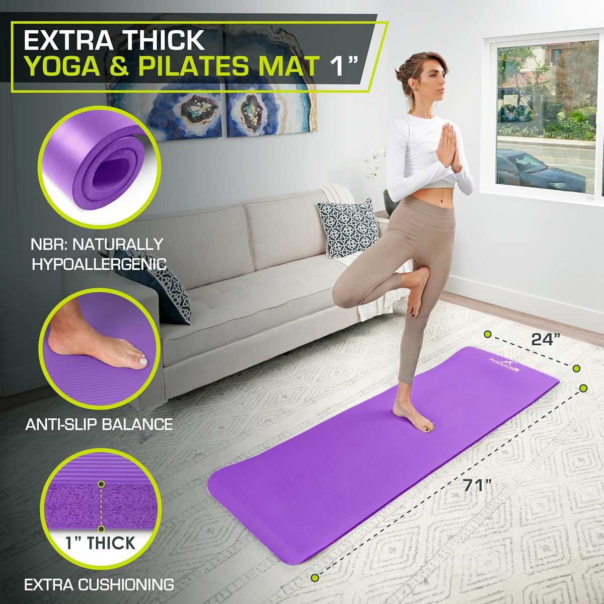 Extra Thick Yoga and Pilates Mat, 71-inch Long High Density Exercise Mat with Comfort Foam and Carrying Strap
