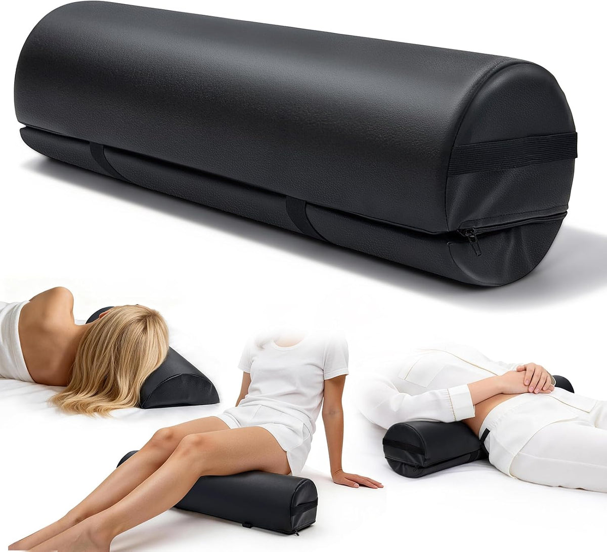 Massage Table Bolster Pillow with Strap Handle, 26 x 8 x 8 In Adjustable Bolster Pillow PU Leather, 1/4 & 3/4 Round Bolster Use Separately or Combine for Leg Neck Knee Support & Pain Relief, Black