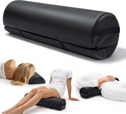 Massage Table Bolster Pillow with Strap Handle, 26 x 8 x 8 In Adjustable Bolster Pillow PU Leather, 1/4 & 3/4 Round Bolster Use Separately or Combine for Leg Neck Knee Support & Pain Relief, Black
