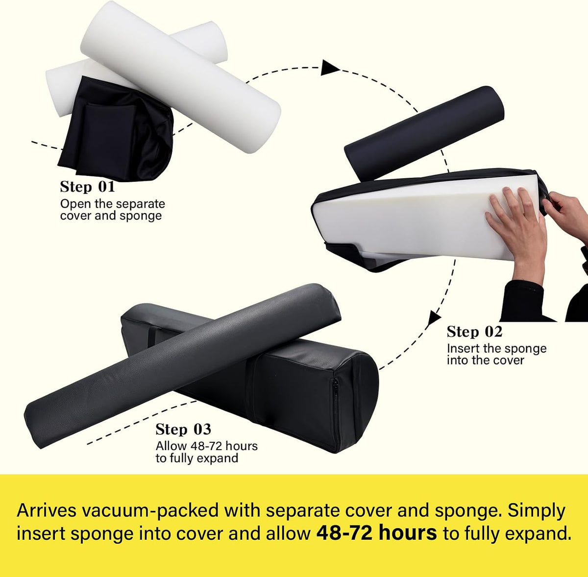 Massage Table Bolster Pillow with Strap Handle, 26 x 8 x 8 In Adjustable Bolster Pillow PU Leather, 1/4 & 3/4 Round Bolster Use Separately or Combine for Leg Neck Knee Support & Pain Relief, Black