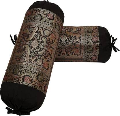 Ethnic Jacquard Brocade Silk Bolster Yoga Rectangular Pillowcase Cover Cylindrical Hotdog Black Tubular Living Room Decorative Elephant Indian Throw Pillowcase 76x38 cm - Set of 2 Pcs