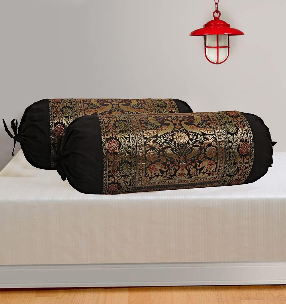 Ethnic Jacquard Brocade Silk Bolster Yoga Rectangular Pillowcase Cover Cylindrical Hotdog Black Tubular Living Room Decorative Elephant Indian Throw Pillowcase 76x38 cm - Set of 2 Pcs