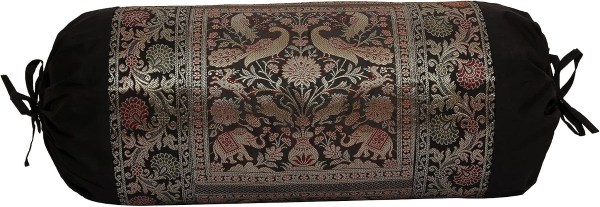 Ethnic Jacquard Brocade Silk Bolster Yoga Rectangular Pillowcase Cover Cylindrical Hotdog Black Tubular Living Room Decorative Elephant Indian Throw Pillowcase 76x38 cm - Set of 2 Pcs