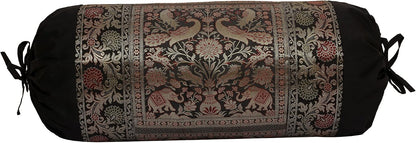 Ethnic Jacquard Brocade Silk Bolster Yoga Rectangular Pillowcase Cover Cylindrical Hotdog Black Tubular Living Room Decorative Elephant Indian Throw Pillowcase 76x38 cm - Set of 2 Pcs