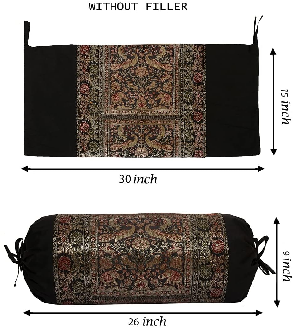 Ethnic Jacquard Brocade Silk Bolster Yoga Rectangular Pillowcase Cover Cylindrical Hotdog Black Tubular Living Room Decorative Elephant Indian Throw Pillowcase 76x38 cm - Set of 2 Pcs