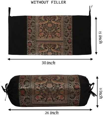 Ethnic Jacquard Brocade Silk Bolster Yoga Rectangular Pillowcase Cover Cylindrical Hotdog Black Tubular Living Room Decorative Elephant Indian Throw Pillowcase 76x38 cm - Set of 2 Pcs
