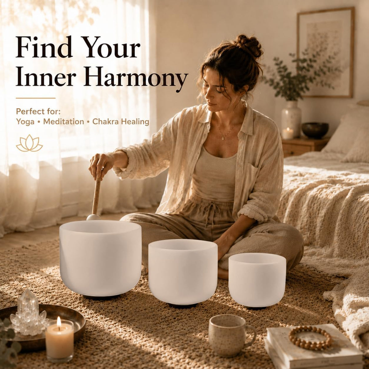 432Hz 6"A 8"F 10"G Crystal Singing Bowl Set of 3