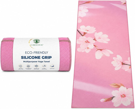 Multipurpose Yoga Mat Towel 72" x 26.5" - Cherry Blossom Design Fitness Towel with Non-Slip Silicone Grip, Quick Drying & Sweat Absorbent for Yoga, Pilates, Gym, Picnic & Outdoor Activities