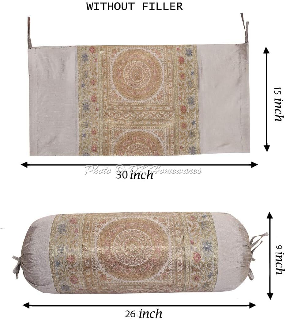 Indian Jacquard Brocade Silk Bolster Throw Pillow Covers Cylindrical Hotdog Grey Yoga Masand Home Decor Living Room Mandala Traditional Throw Cushion Cover 76x38 cm - 1 Pc