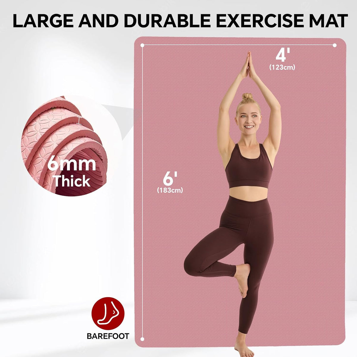 Extra Large Yoga Mat 6'x4'(1/3" & 1/4" Thick), Non-Slip, Ultra Durable, Wide Workout Mat, Wide Exercise Mats for Home Workouts, Yoga, Pilates, Stretching (Barefoot Exercise)