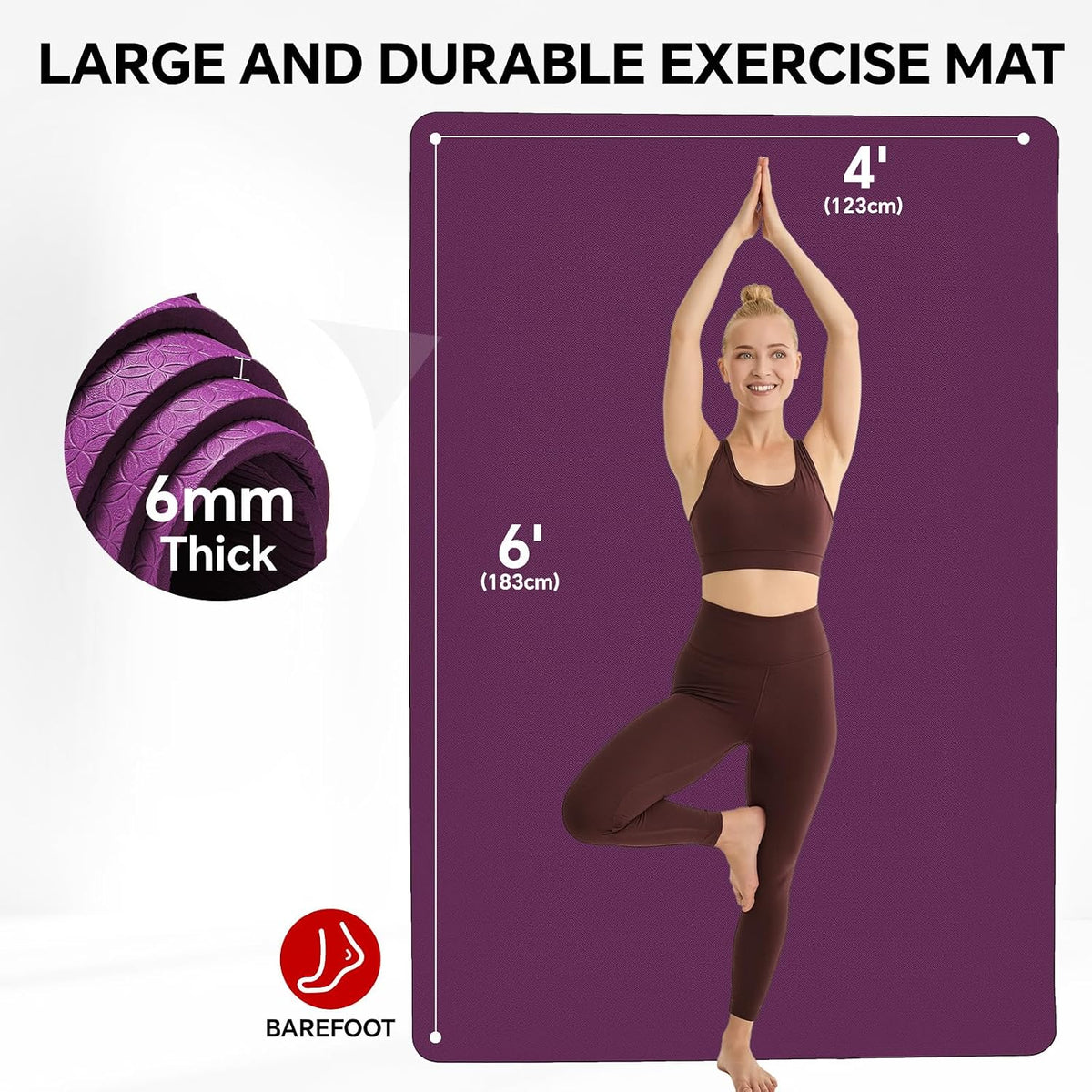 Extra Large Yoga Mat 6'x4'(1/3" & 1/4" Thick), Non-Slip, Ultra Durable, Wide Workout Mat, Wide Exercise Mats for Home Workouts, Yoga, Pilates, Stretching (Barefoot Exercise)