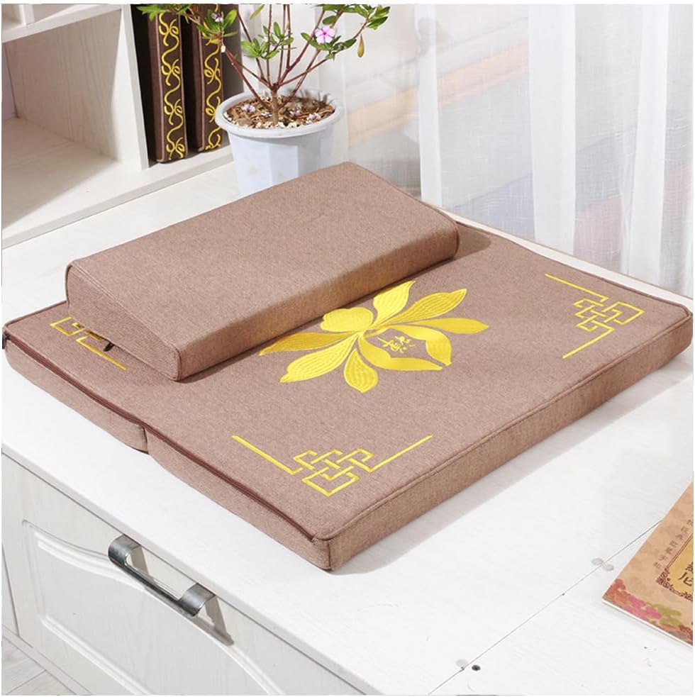 Portable Foldable Meditation Cushion Mat Set with Washable Cotton Linen Cover, Larger Thick Yoga Mat Bolster Floor Pillows Seating for Adults Meditation Accessories coffee-60cm