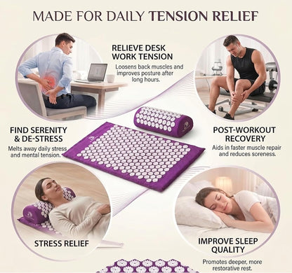 Acupressure Mat & Pillow Set, 4-in-1, 29", Hot/Cold Pack, Purple